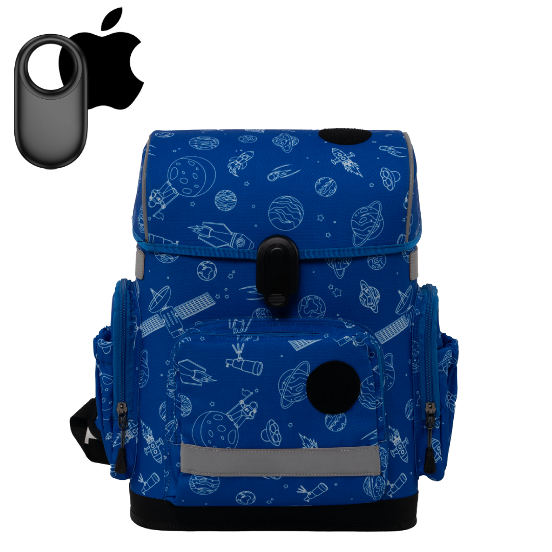 Ergonomic school backpack for kids — Space Adventure , blue, front view , with Apple GPS tracker