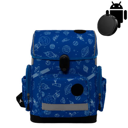 Ergonomic school backpack for kids — Space Adventure , blue, front view , with Android GPS tracker