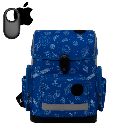 Ergonomic school backpack for kids — Space Adventure , blue, front view , with Apple GPS tracker
