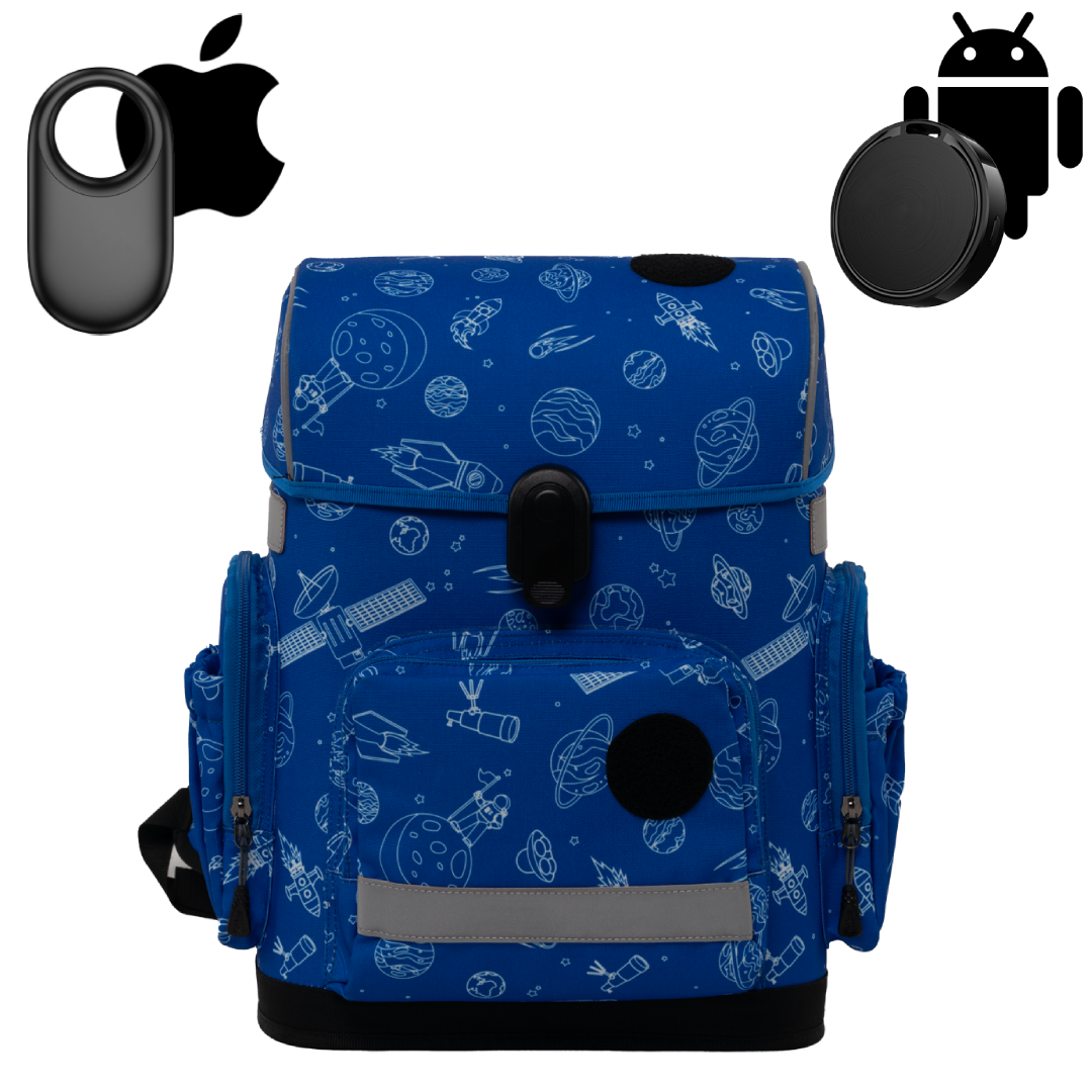 Ergonomic school backpack for kids — Space Adventure , blue, front view , with GPS trackers