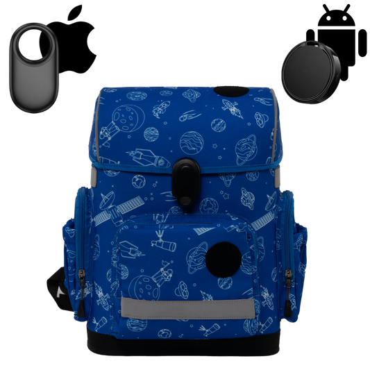 Ergonomic school backpack for kids — Space Adventure , blue, front view , with GPS trackers