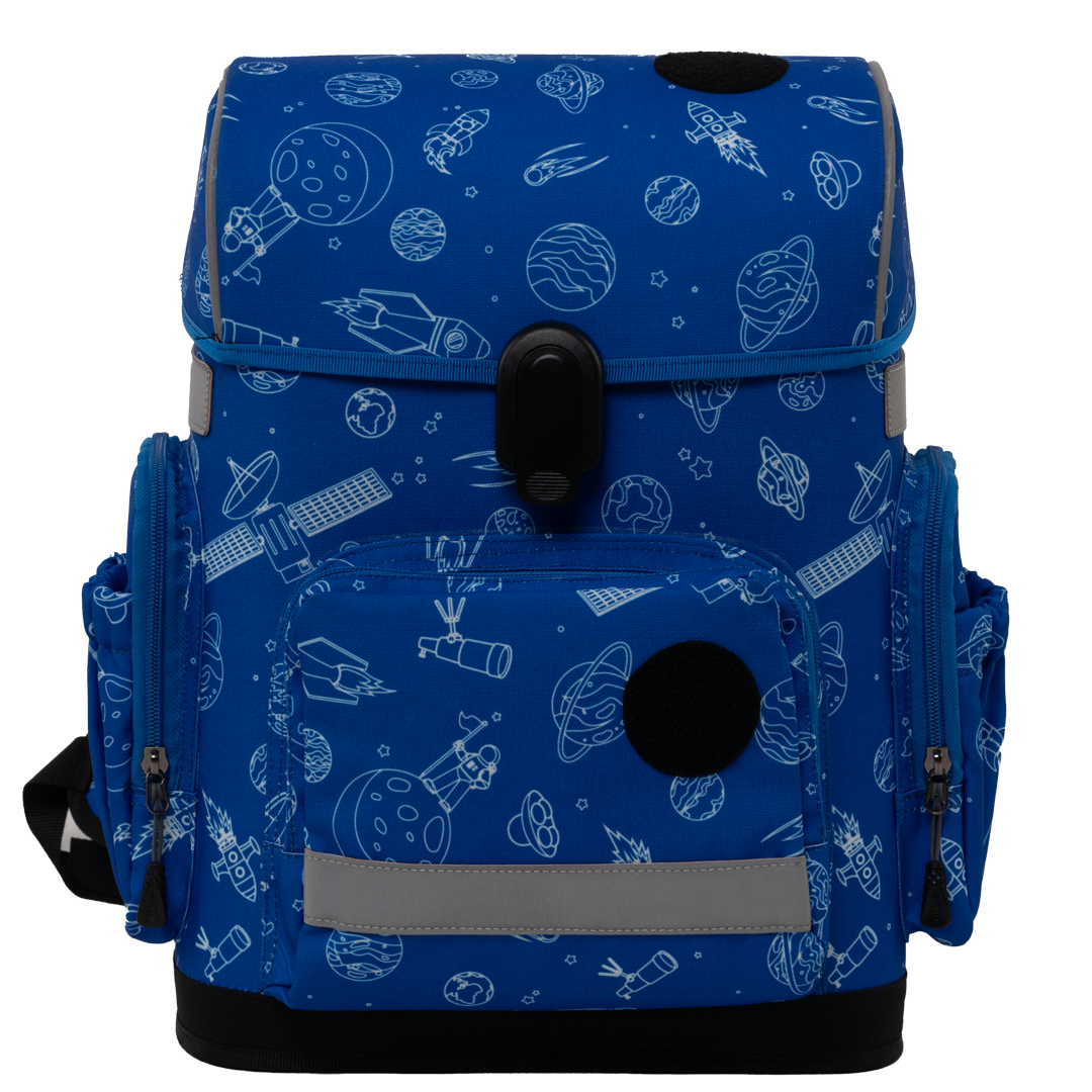 Blue ergonomic backpack - space adventure without patches front view