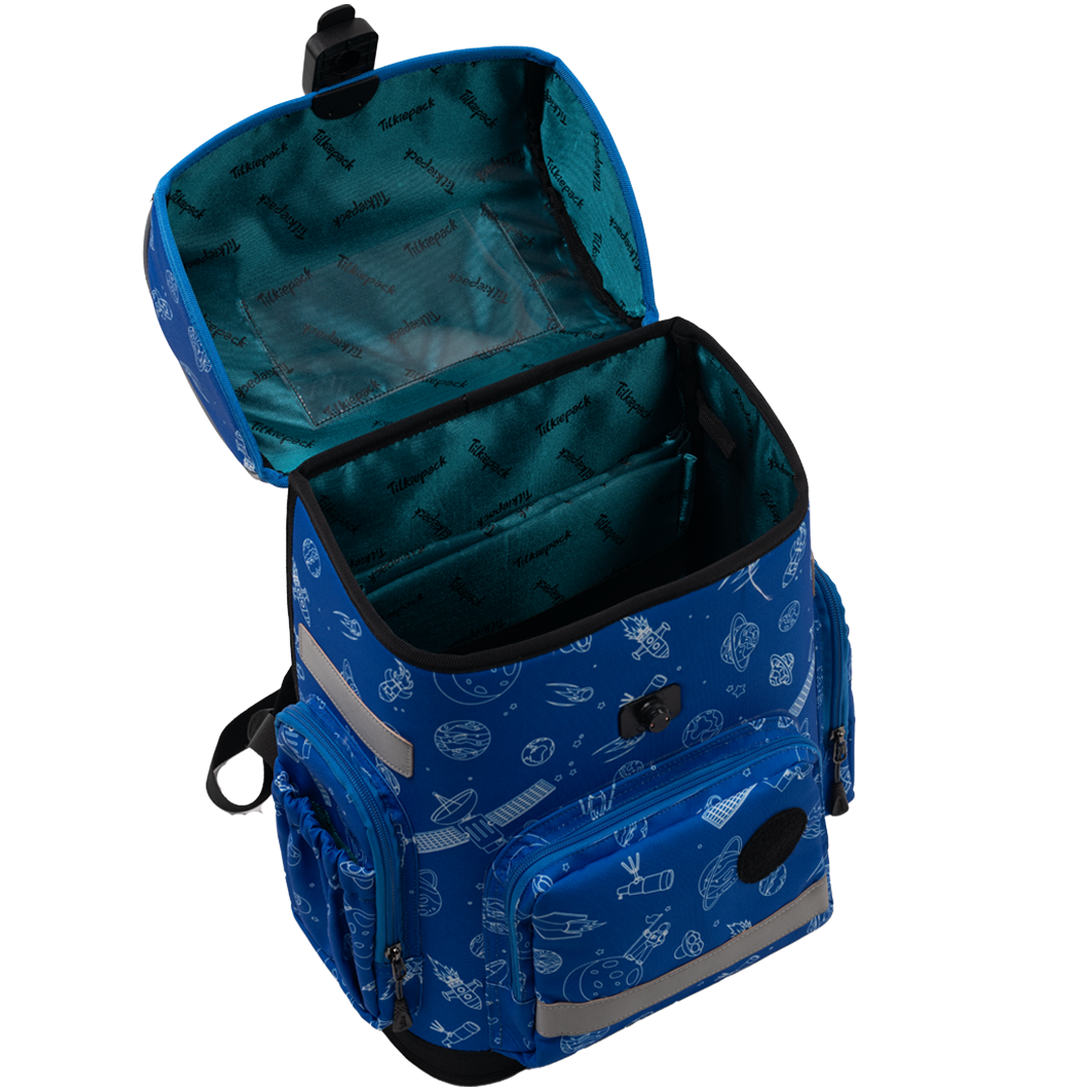 Blue ergonomic backpack - Space Adventures opened