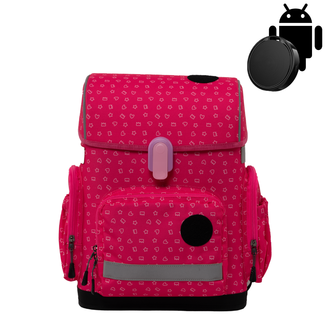 Ergonomic school backpack for kids — Sweet Doodles , red, front view , with Android GPS tracker