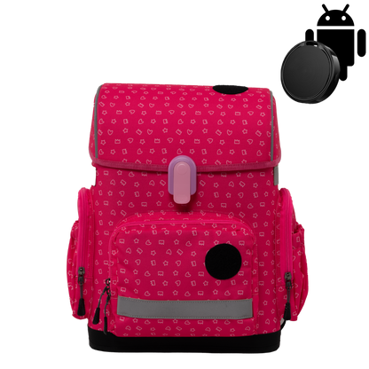 Ergonomic school backpack for kids — Sweet Doodles , red, front view , with Android GPS tracker