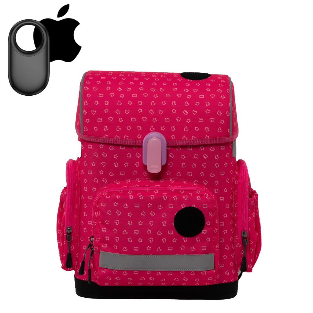 Ergonomic school backpack for kids — Sweet Doodles , red, front view , with Apple GPS tracker