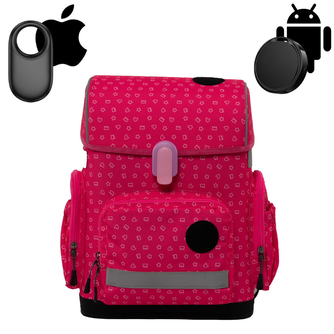 Ergonomic school backpack for kids — Sweet Doodles , red, front view , with GPS trackers